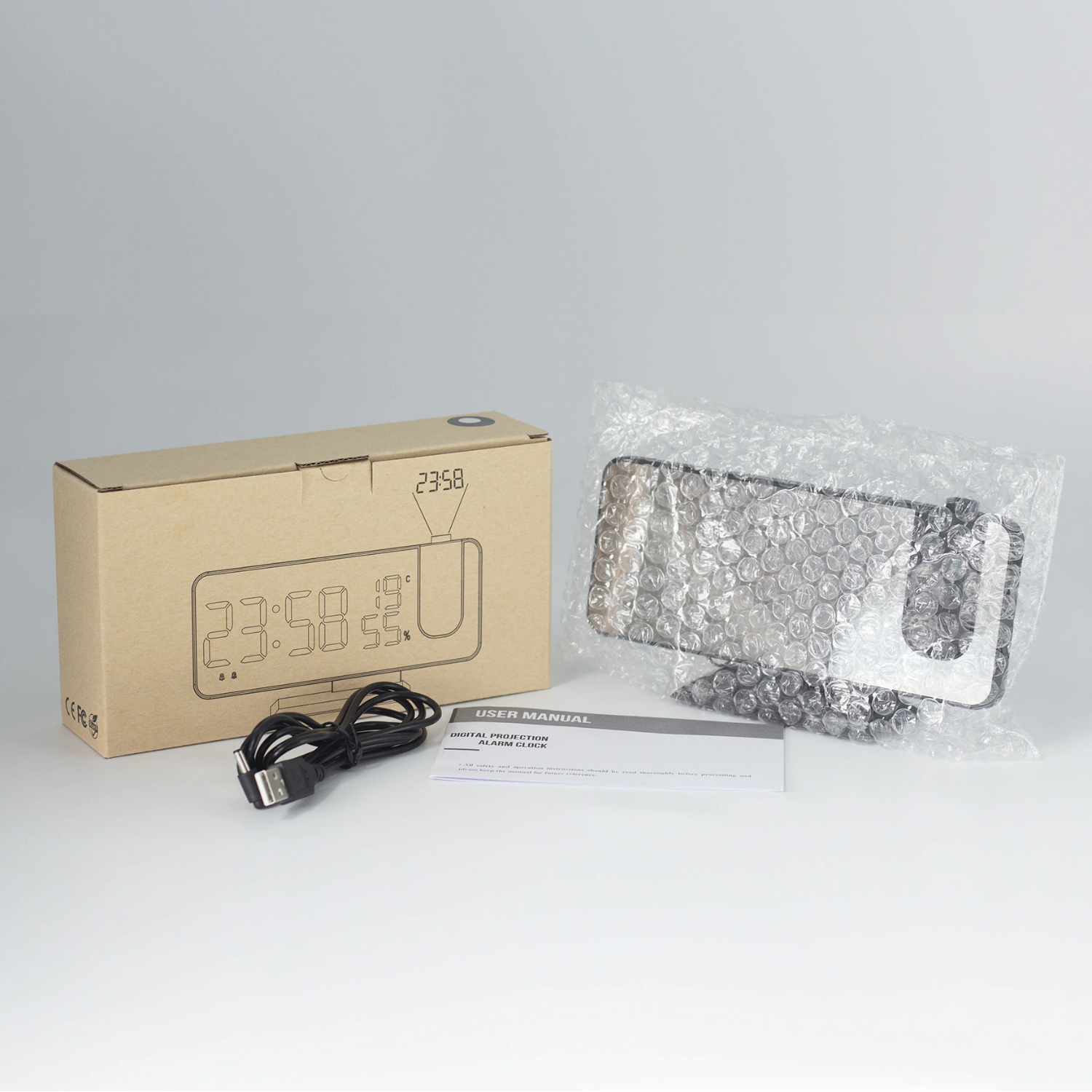 Astronatic™ | LED projection alarm clock – digital with ceiling projection, FM radio, temperature display, and USB port