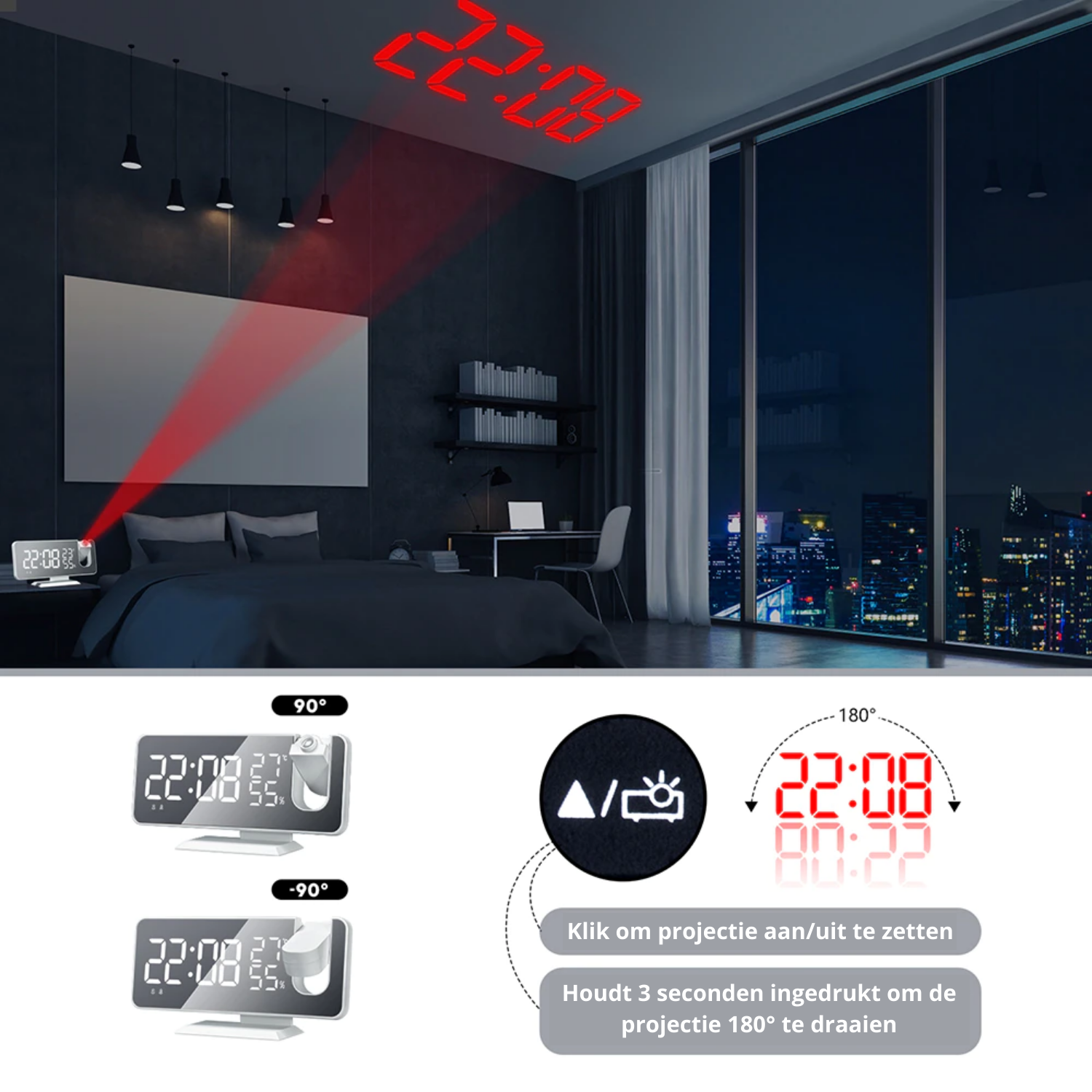 Astronatic™ | LED projection alarm clock – digital with ceiling projection, FM radio, temperature display, and USB port