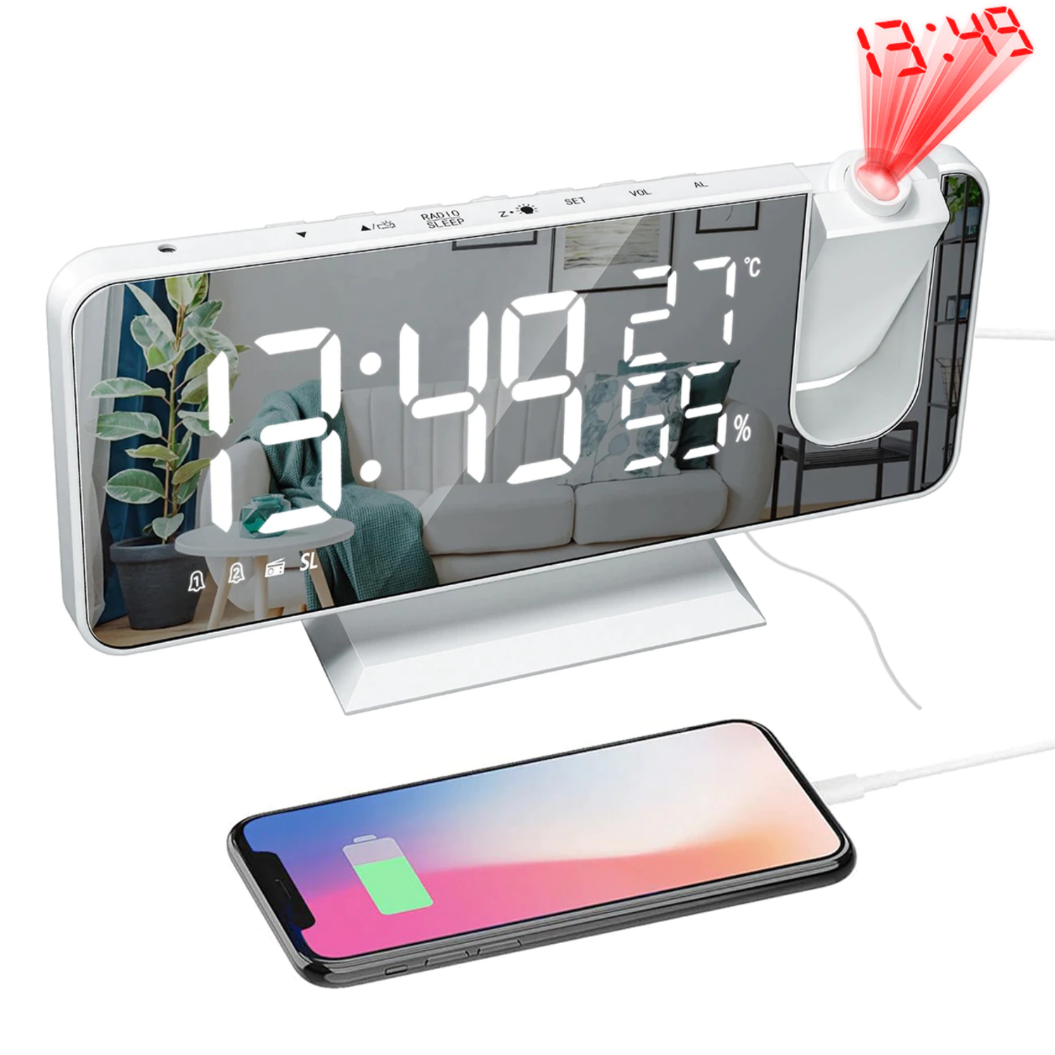 Astronatic™ | LED projection alarm clock – digital with ceiling projection, FM radio, temperature display, and USB port