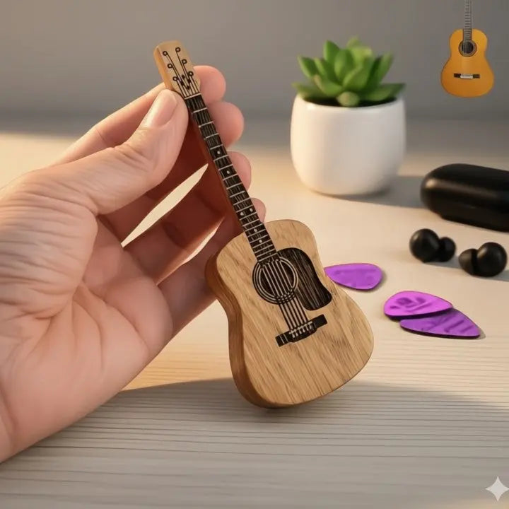 StrumCase™ | Elegant wooden box for guitar picks with stand