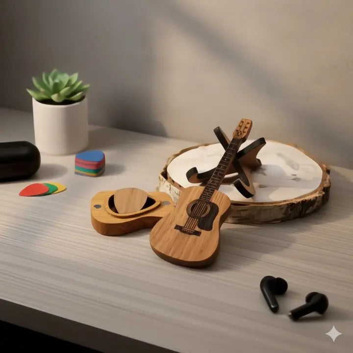 StrumCase™ | Elegant wooden box for guitar picks with stand