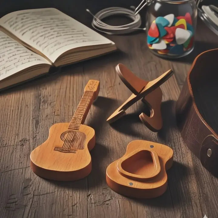 StrumCase™ | Elegant wooden box for guitar picks with stand