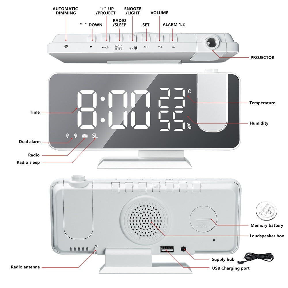 Astronatic™ | LED projection alarm clock – digital with ceiling projection, FM radio, temperature display, and USB port
