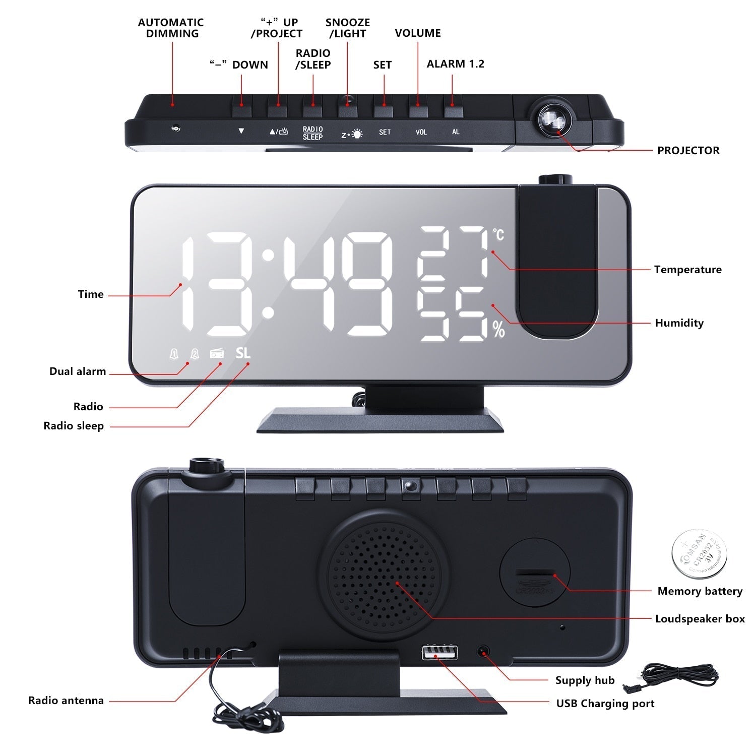 Astronatic™ | LED projection alarm clock – digital with ceiling projection, FM radio, temperature display, and USB port