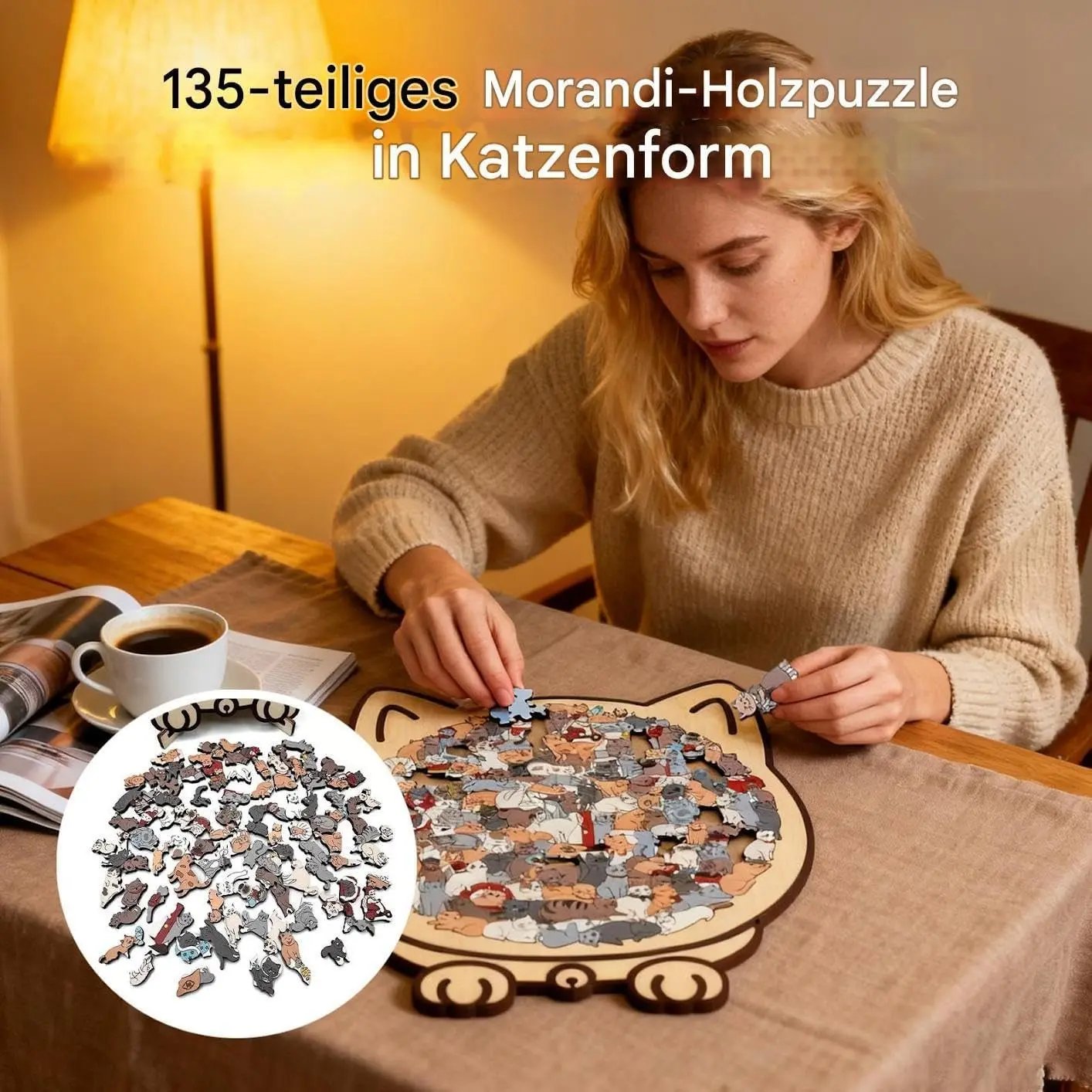 Purrzle™ | Wooden Cat Puzzle, 135 pieces — Art, tranquility, and style combined in one set