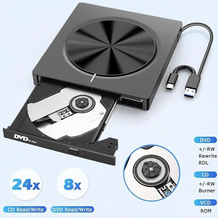 DataVault™ | Tragbarer CD/DVD Brenner — Nostalgisches Brennen von CDs & DVDs jederzeit
