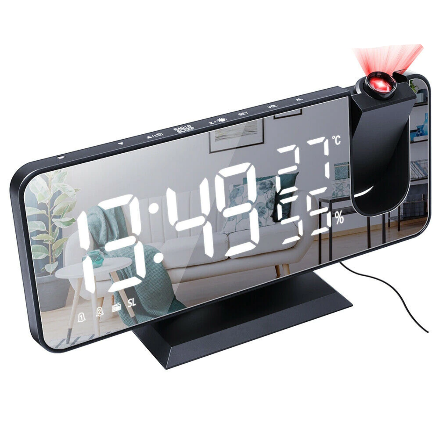 Astronatic™ | LED projection alarm clock – digital with ceiling projection, FM radio, temperature display, and USB port