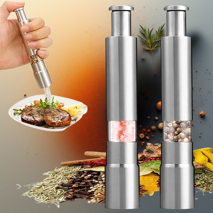 1+1 FREE | PushMill™ | Spice Mill – One-Hand Stainless Steel Mill for Salt, Pepper & Herbs