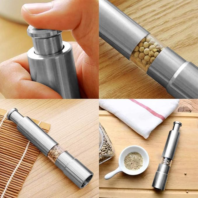 1+1 FREE | PushMill™ | Spice Mill – One-Hand Stainless Steel Mill for Salt, Pepper & Herbs
