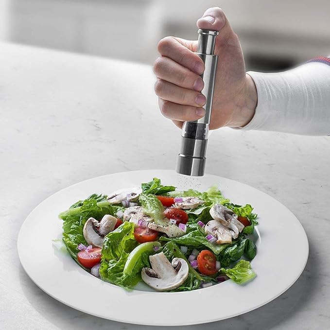 1+1 FREE | PushMill™ | Spice Mill – One-Hand Stainless Steel Mill for Salt, Pepper & Herbs