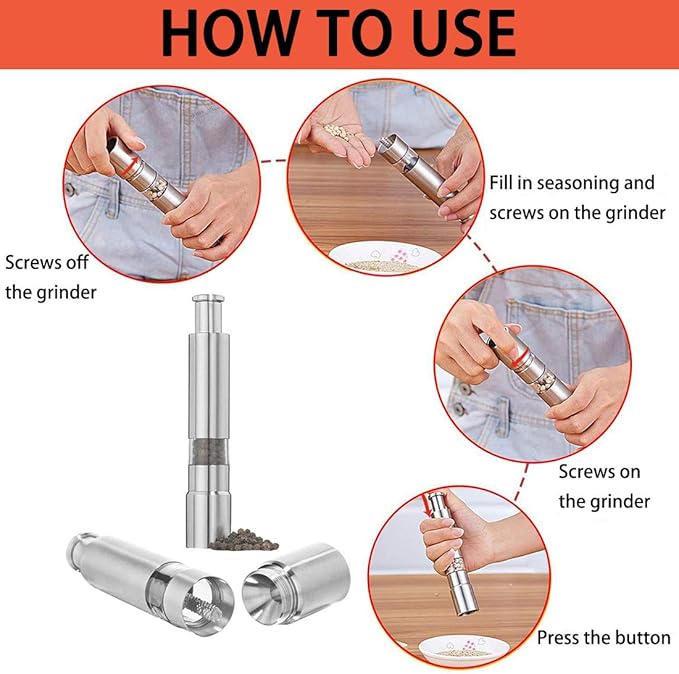 1+1 FREE | PushMill™ | Spice Mill – One-Hand Stainless Steel Mill for Salt, Pepper & Herbs