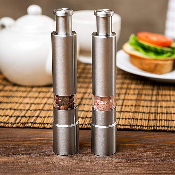 1+1 FREE | PushMill™ | Spice Mill – One-Hand Stainless Steel Mill for Salt, Pepper & Herbs