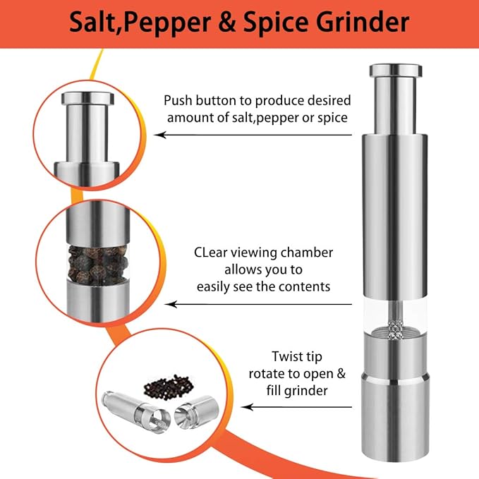 1+1 FREE | PushMill™ | Spice Mill – One-Hand Stainless Steel Mill for Salt, Pepper & Herbs